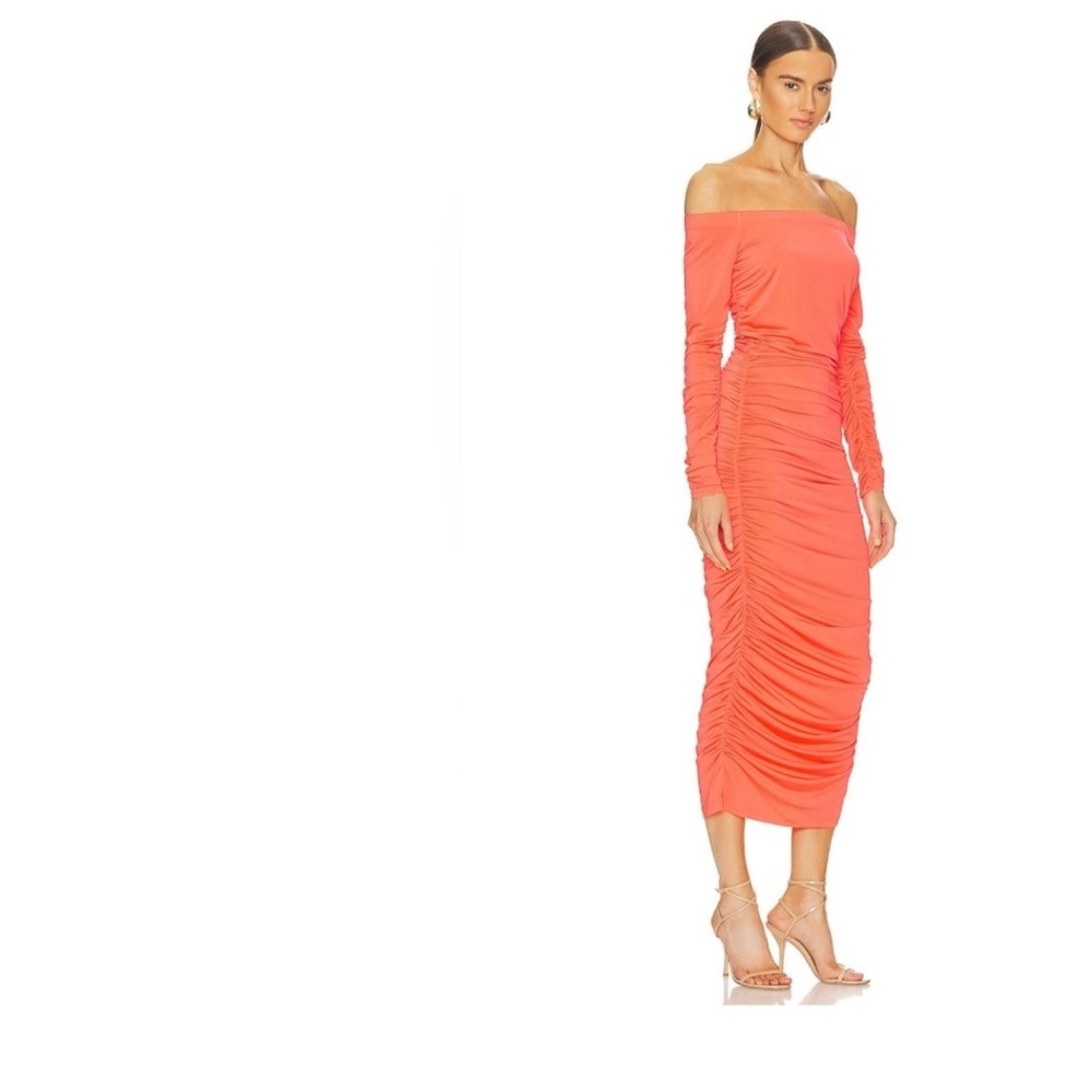 L’Agence Kamali Ruched Off-Shoulder Dress Neon Orange Size Small - Picture 2 of 7